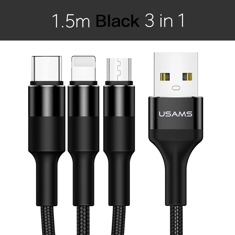 USAMS 3 в 1 кабель для передачи данных для мобильного телефона type C Micro USB для iPhone X 8 7 6 iPad Зарядка samsung Microusb USB C для освещения кабель - Цвет: Black