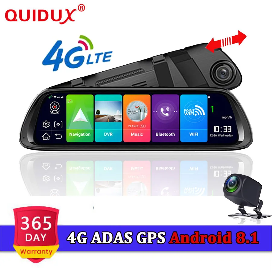 

QUIDUX 4G ADAS Car DVR Camera 10"Android 8.1 Stream Media Rear View Mirror FHD 1080P WiFi GPS Dash Cam Registrar Video Recorder