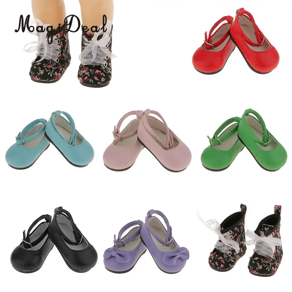 MagiDeal Cute 1Pair Patent Leather Pump Dolly Flat Ankle Strap Shoes w/ Bow for 18 Inch America Girl Doll Pretty Dress 6Colors
