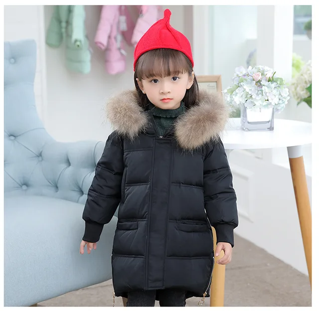 Baby Girls Winter Coat 2 8Y Children Big Fur Hooded White Down Jacket