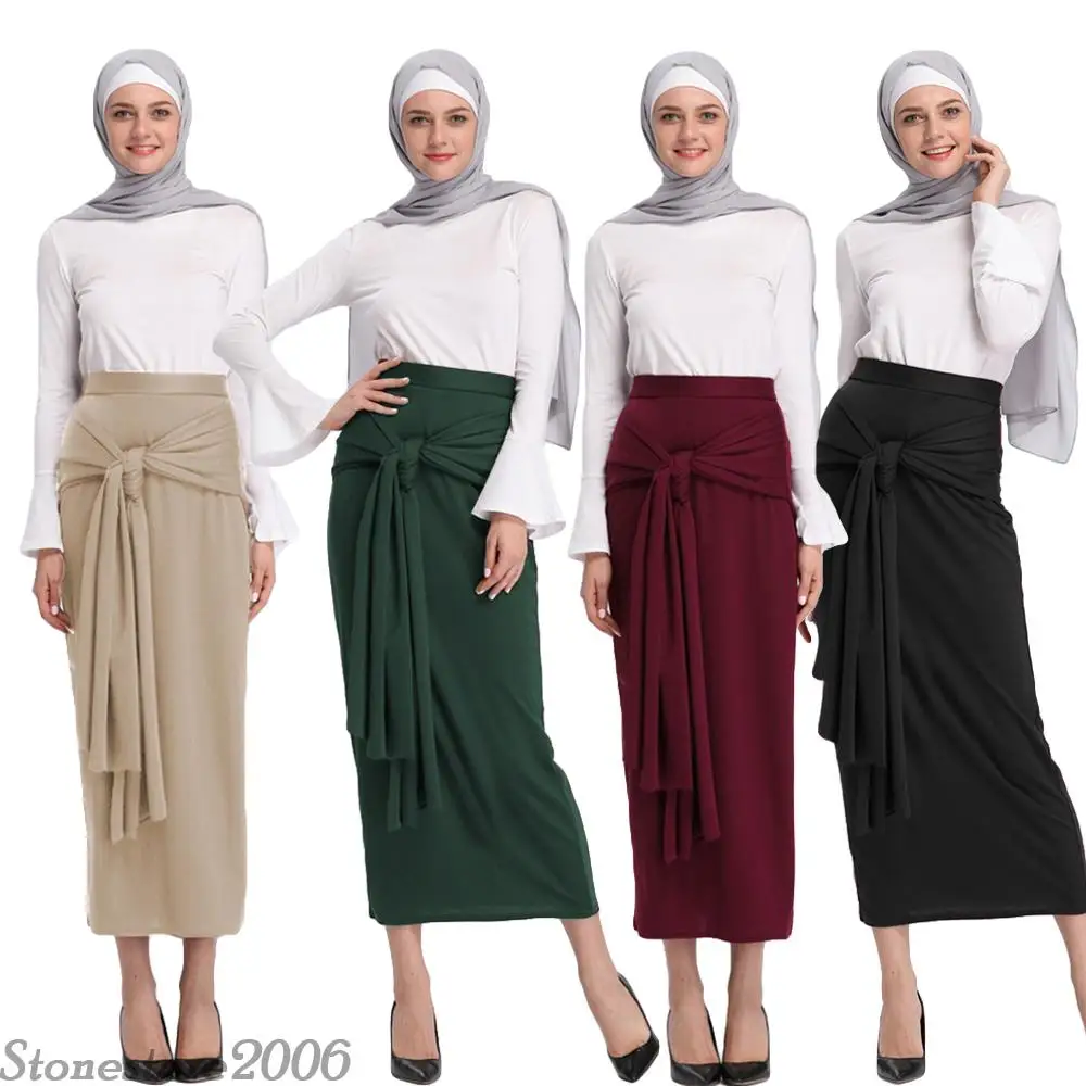 Женская юбка с поясом, длинный комбинезон, мусульманская нижняя часть, бандажная юбка-карандаш, Исламская кружевная облегающая Абая джилбаб, вязанная хлопковая Дубай
