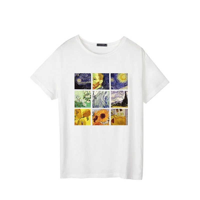 Новинка, рисунок Ван Гога, картина маслом, решетка, принт, милый, размера плюс, топы, Harajuku, повседневная женская летняя футболка с коротким рукавом, bf Harajuku - Цвет: 1