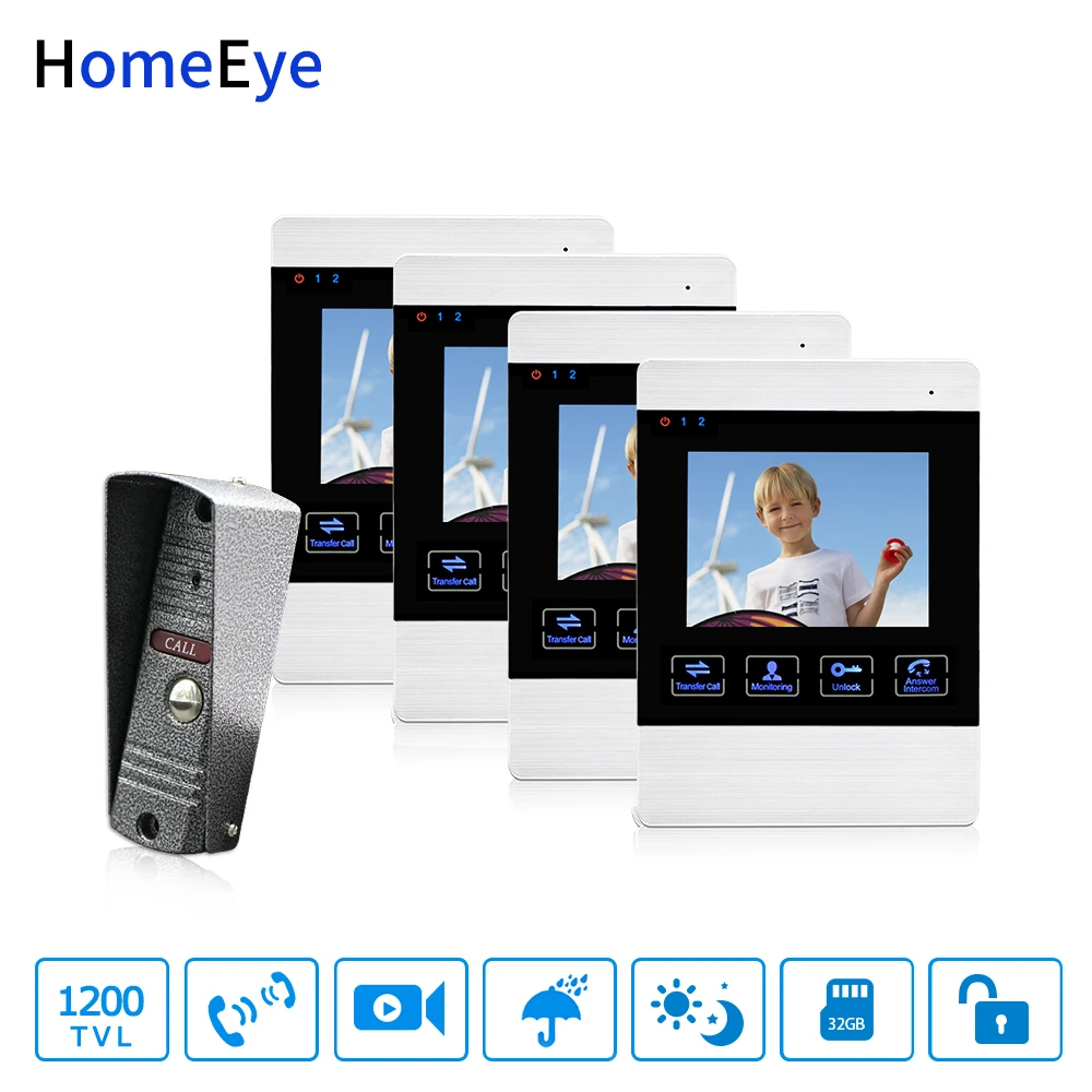 

HomeEye 4-Wired Video Door Phone Video Intercom Touch Button Doorbell Camera 4'' Monitor Video Record OSD Menu 1-4 Access System