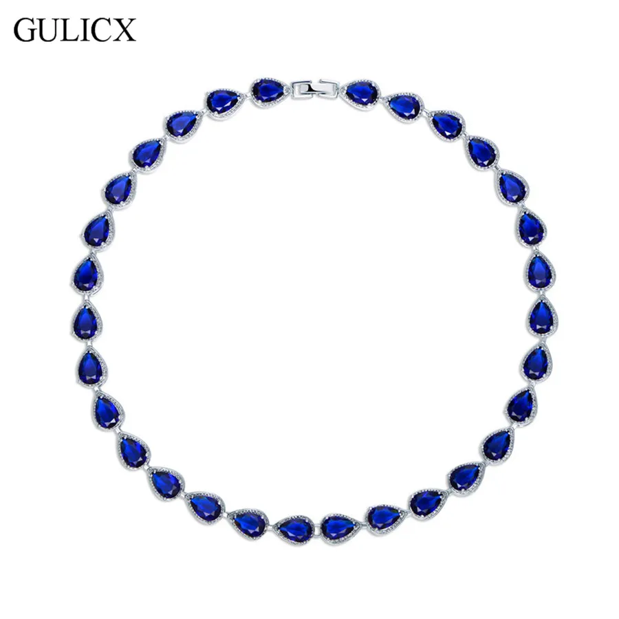 

GULICX 44cm Fashion Teardrop Crystal White Gold-color Chain Necklace for Women Red/Blue Cubic Zirconia Wedding Jewelry P090