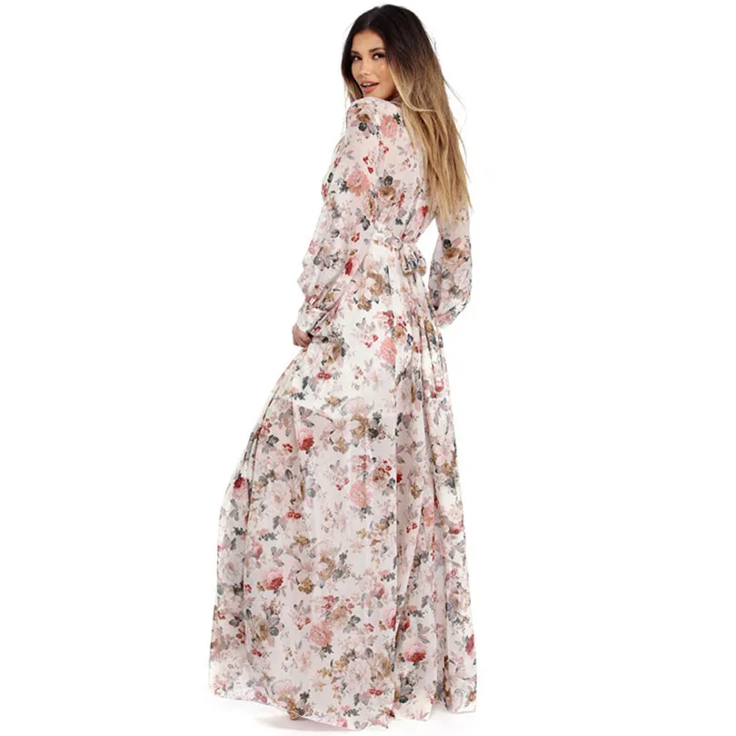Women Summer Sexy Chiffon Maxi Long Sleeved Dress Vintage vestidos Dress V Neck Floral Print Beach Party Dress #4M22 (7)