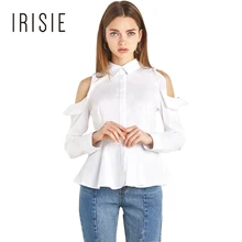 IRISIE Apparel White Women Sexy Ruffles Blouse Slim Cold Shoulder Soft Frill Shirts Casual Sexy Single Breasted Women Tops