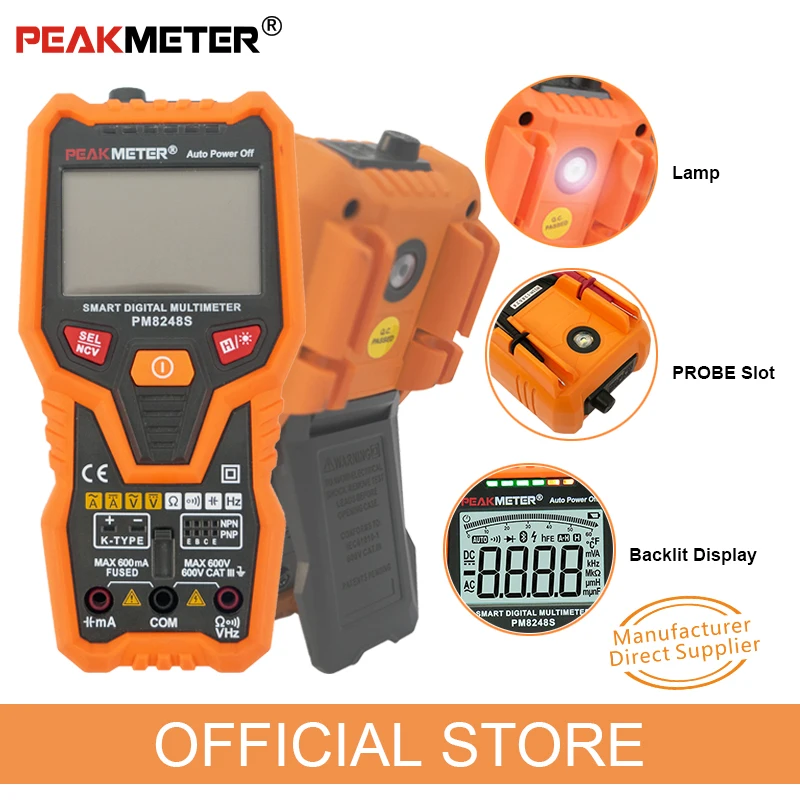PM8248S Smart AutoRange Professional Digital Multimeter Voltmeter with NCV Frequency Backlight Temperature Transistor test