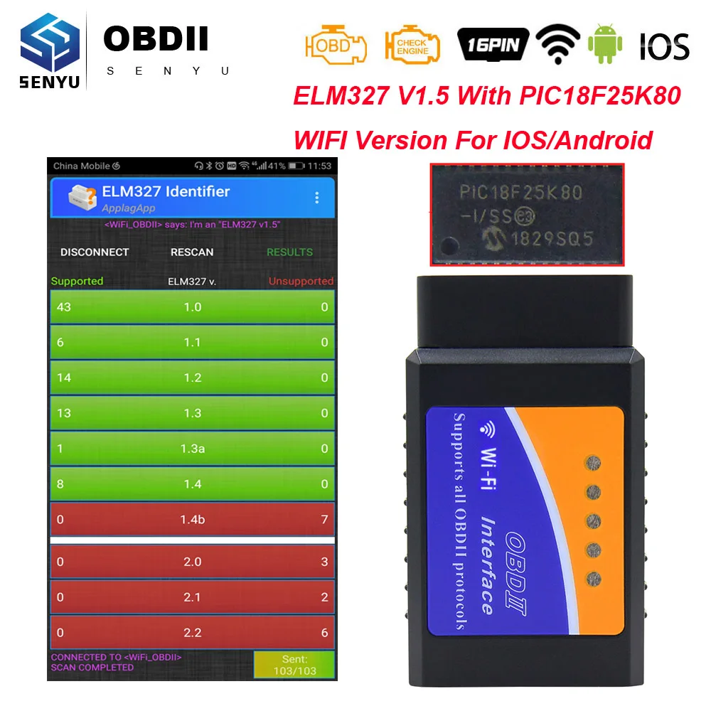 ELM 327 V1.5 With PIC18F25K80 OBD2 Scanner WIFI elm327 V1.5 obd 2 ...