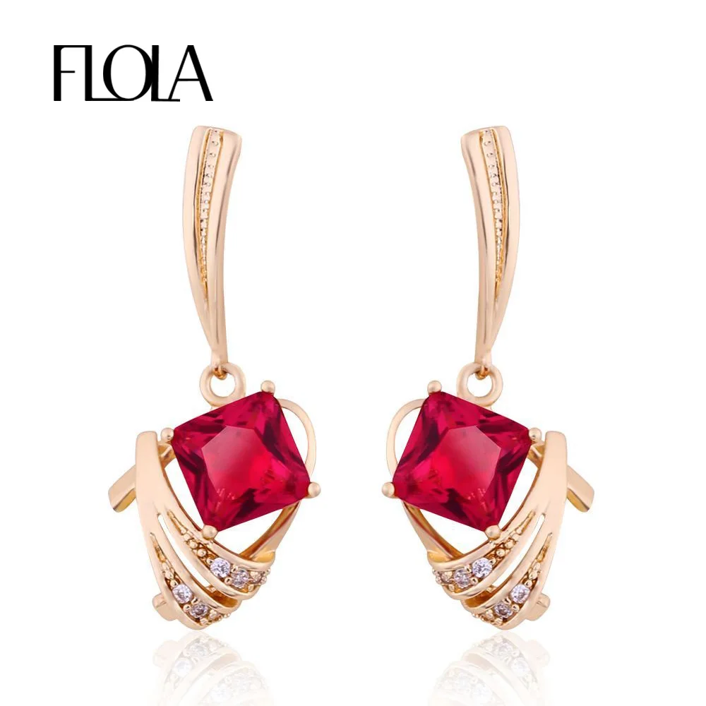 

FLOLA New Arrival 585 Gold Earrings Rose Gold Red Stone Zircon Crystal Long Dangle Earrings Fashion Jewelry for Women ersj53