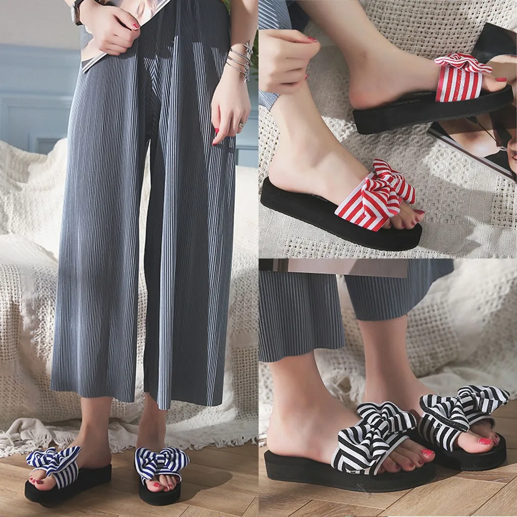

Women Striped Bow Slippers Slip On Shallow Mouth Sandals Summer Open Toe Platform Low Wedges Beach Walk Shoes Daily Shopping