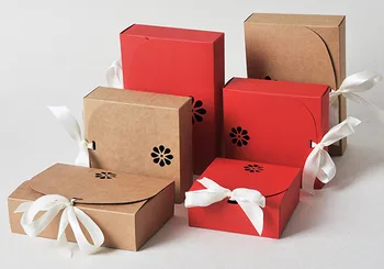 

100pcs Red and Brown Paper Gift Box With Ribbon Paper Box for Candy Biscuits Dry Fruits snacks Kraft Cardboard Packaging Boxes