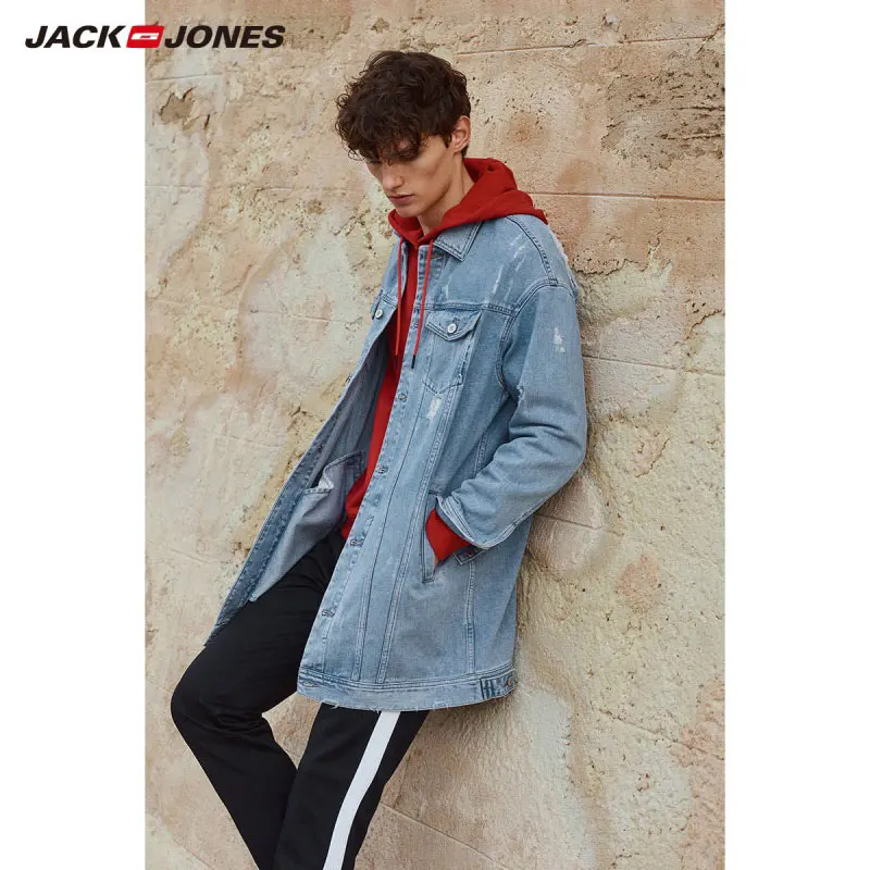 JackJones мужской хлопок средней длины рваные джинсовые пальто Длинная Куртка 219157527