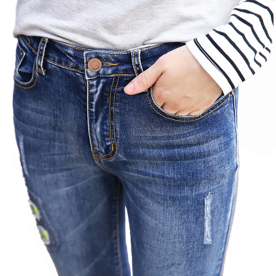 

C308# Loose Casual Jeans Hole Patch Straight Leg Stretch