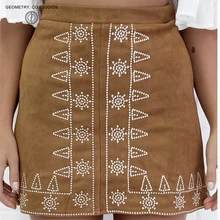2019 falda Casual de gamuza de cintura alta de otoño e invierno de las mujeres mini falda vintage sexy de gamuza A-line bordado falda Bohemia