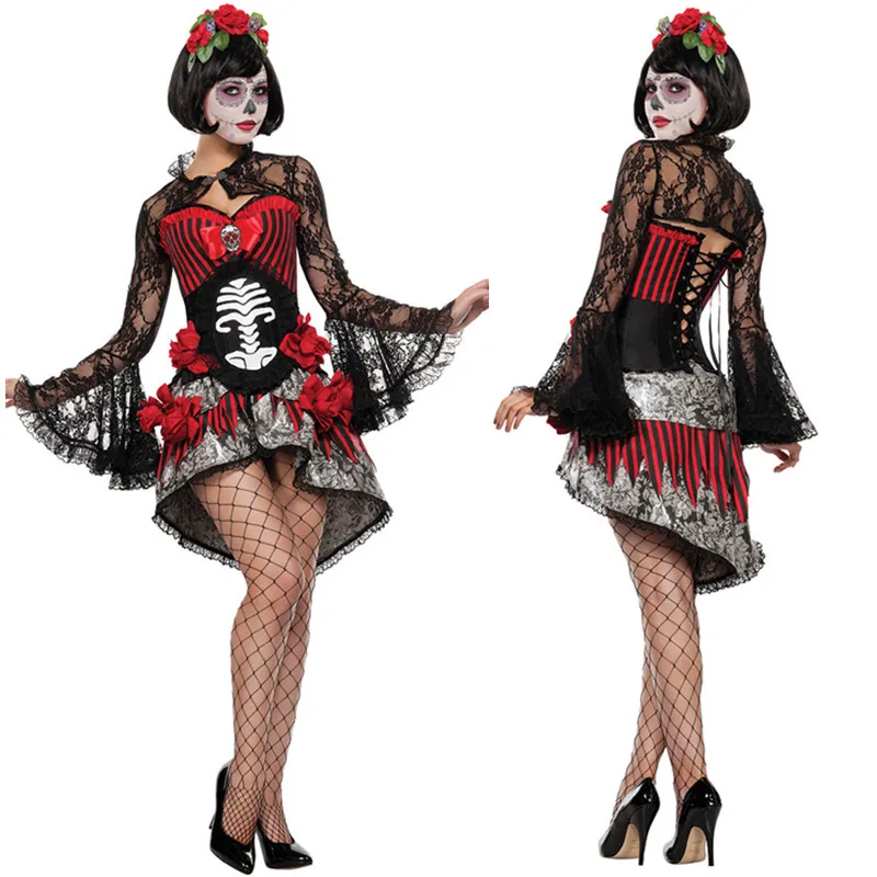 

Mexican Day of The Dead Horror Zombie Ghost Bride Costume Adult Women Halloween Cosplay Scary Skeleton Joker Fancy Dress