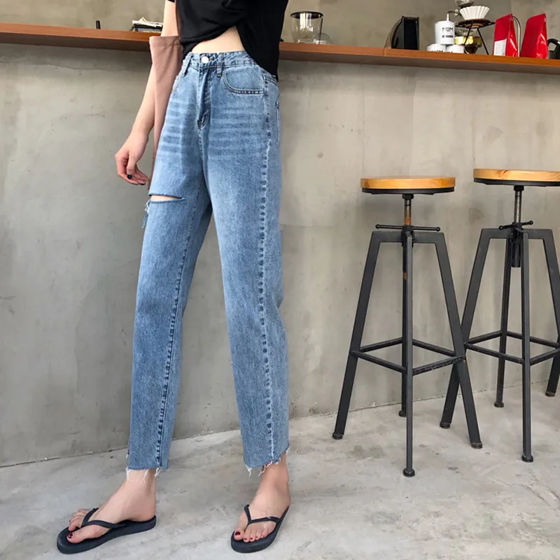 S-xl Осень корейский шик стиль женские рваные джинсовые брюки повседневные синие джинсы с высокой талией для женщин прямые брюки(78213
