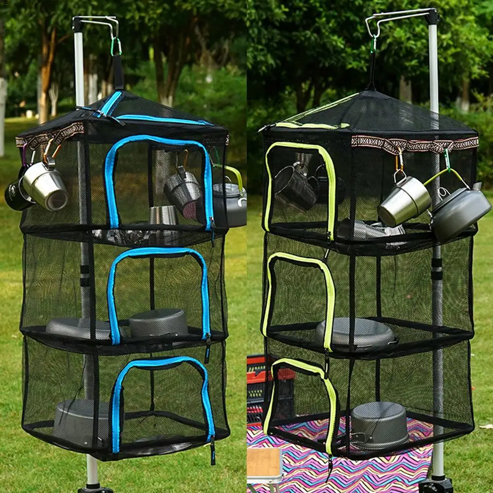 

Camping Dry Net Portable Folding 3 Layer Hanging Mesh Foods Dish Outdoor BBQ Picnic Bag Rack Shelf Storage Basket Tableware
