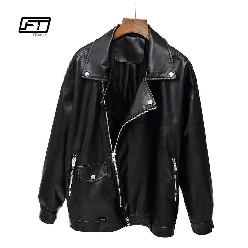 

Fitaylor Women 2019 Faux Leather Jacket Spring Autumn Casual Loose Punk Leather Coat Soft PU Motorcycle Biker Jacket