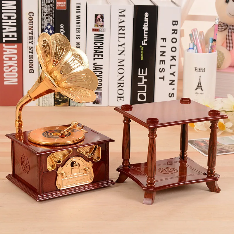 Golden gramophone music box with drawer jewelry accessories storage