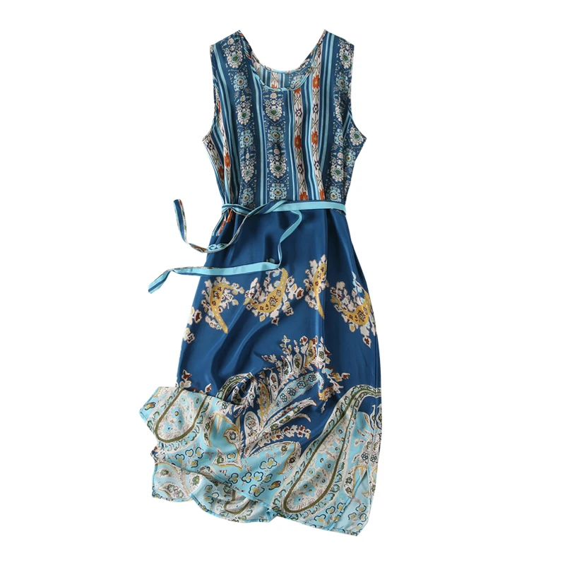 

Women Summer Silk Dress V neck print Vintage Natural silk dresses Elegant navy blue Dress Casual holiday real silk long dress