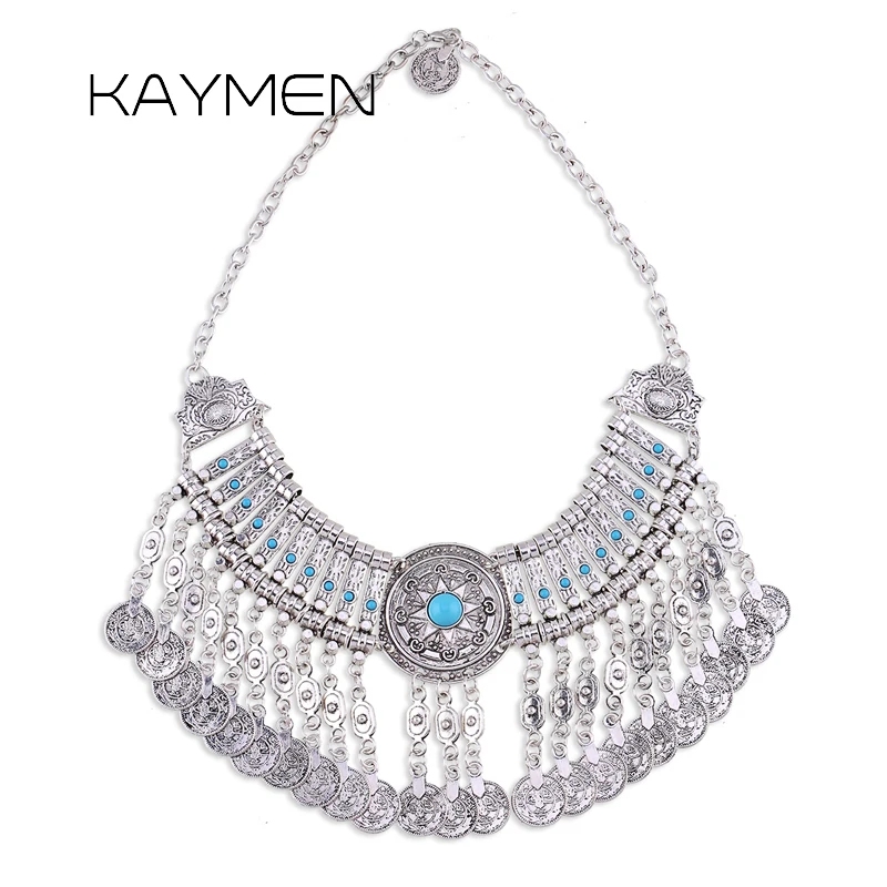 

Kaymen New Arrivals Bohemia Fashion Necklace for Wome Antqiue Silver Plated Vintage Statement Coin Necklace Bijou NK-01467