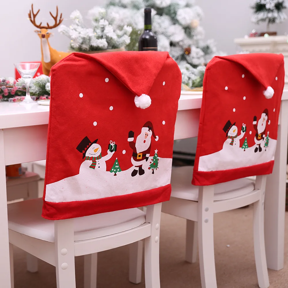 

6Pcs/Lot Christmas Red Snowman Chair Back Cover Decoracion Navidad Hat for Home Dinner Table New Year 49*60 cm