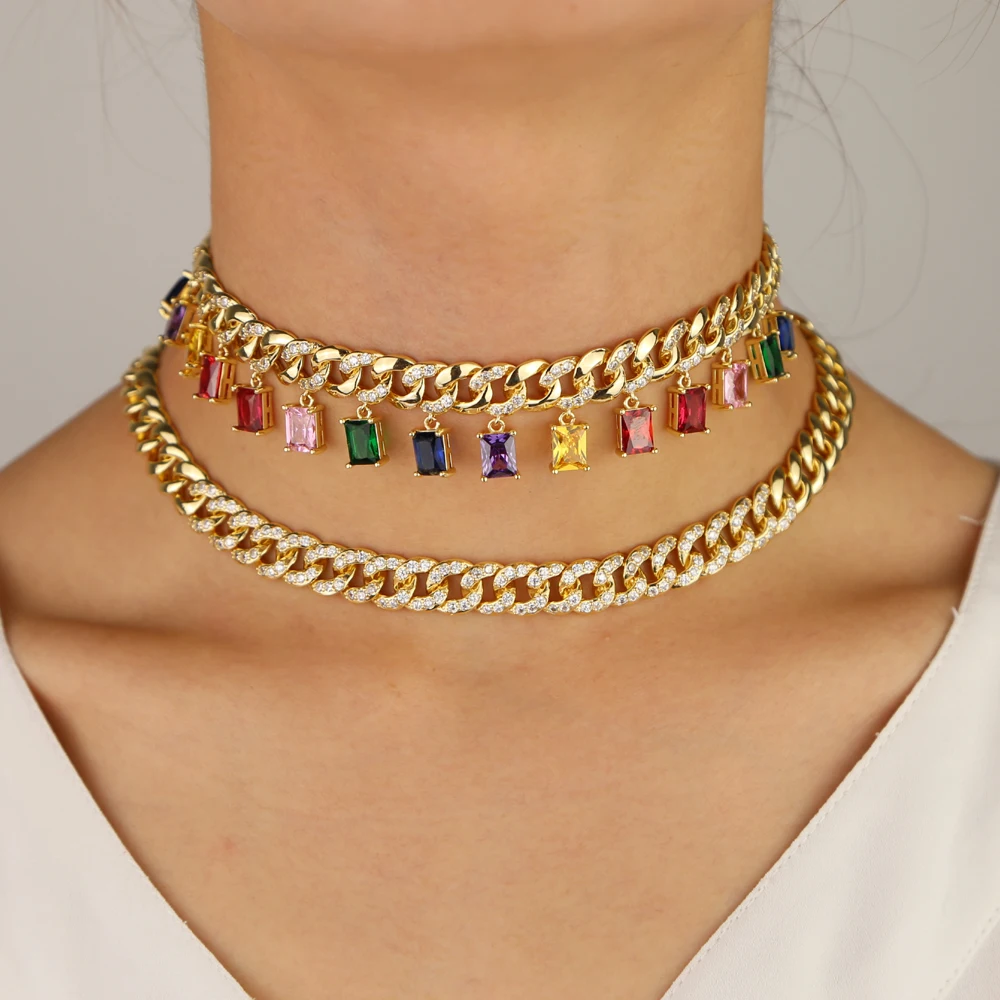 

Gold filled cz miami cuban link chain with rainbow baguette cz drop charm Rock hiphop women choker necklace