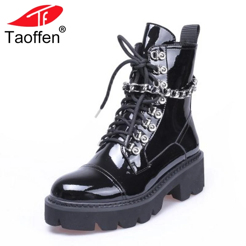 

TAOFFEN Women High Heels Ankle Boots Winter Lace Up Patent Leather Platform Shoes Woman Designer Gothic Boots Size 34-39