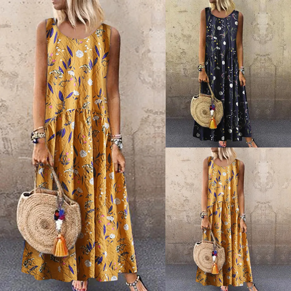 

2019 Women Plus Size Sexy Sleeveless Beach Chiffon BohemianTurNeck Floral Print Vintage Sleeveless Long Maxi Loose Elegant Dress