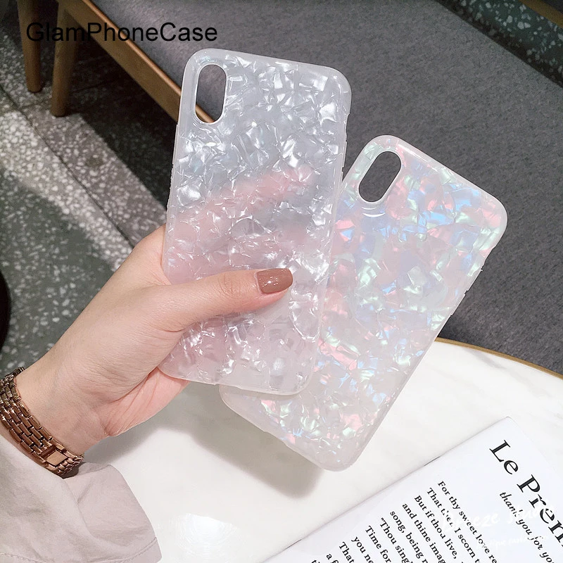 

GlamPhoneCase Foil Bling Paillette Phone Cases For iPhone 8 7 6 6S Plus X Case White Conch Shell 2018 Fashion Coque Cove