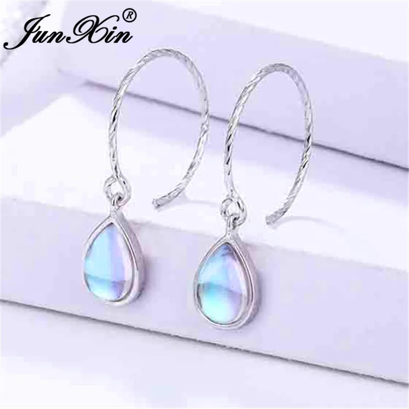 

JUNXIN Real 925 Sterling Silver Clear Moonstone Hoop Earrings For Women Rainbow Opal Earrings Female Big Hook Earrings Jewelry