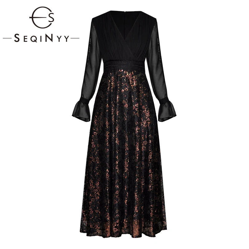 

SEQINYY Elegant Dress 2019 Summer Spring New Fashion Design High Quality Long Sleeve Chiffon Spliced Lace A-line Midi Dress