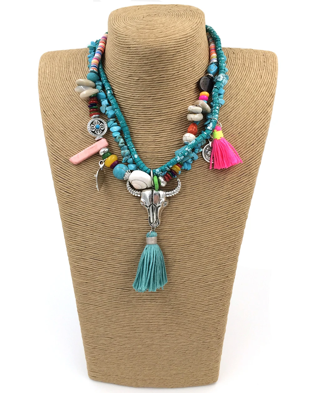 New Bohemia tauren pendant stone beaded chain Necklaces cotton tassel choker necklace Multi-Layer statement Necklaces