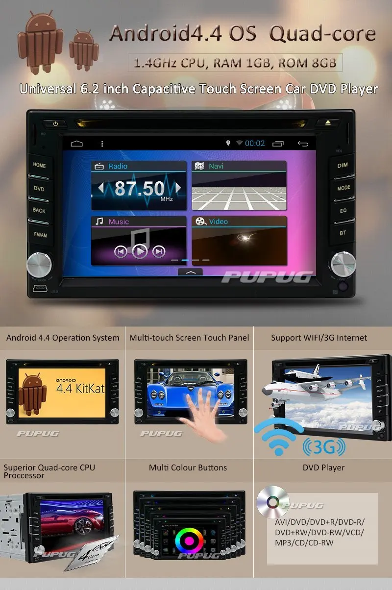 Top Android 4.4 Double 2 Din Car Stereo GPS DVD Player 6.2 Bluetooth Radio WiFi+Free Back up Camera 1