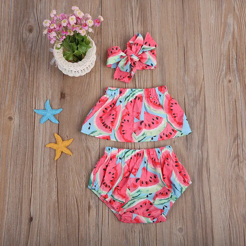 

New Style Baby Girls Clothes Sets Summer Sweet Watermelon Toddler Baby Girls Outfit Set Tops Shorts Headband Clothes