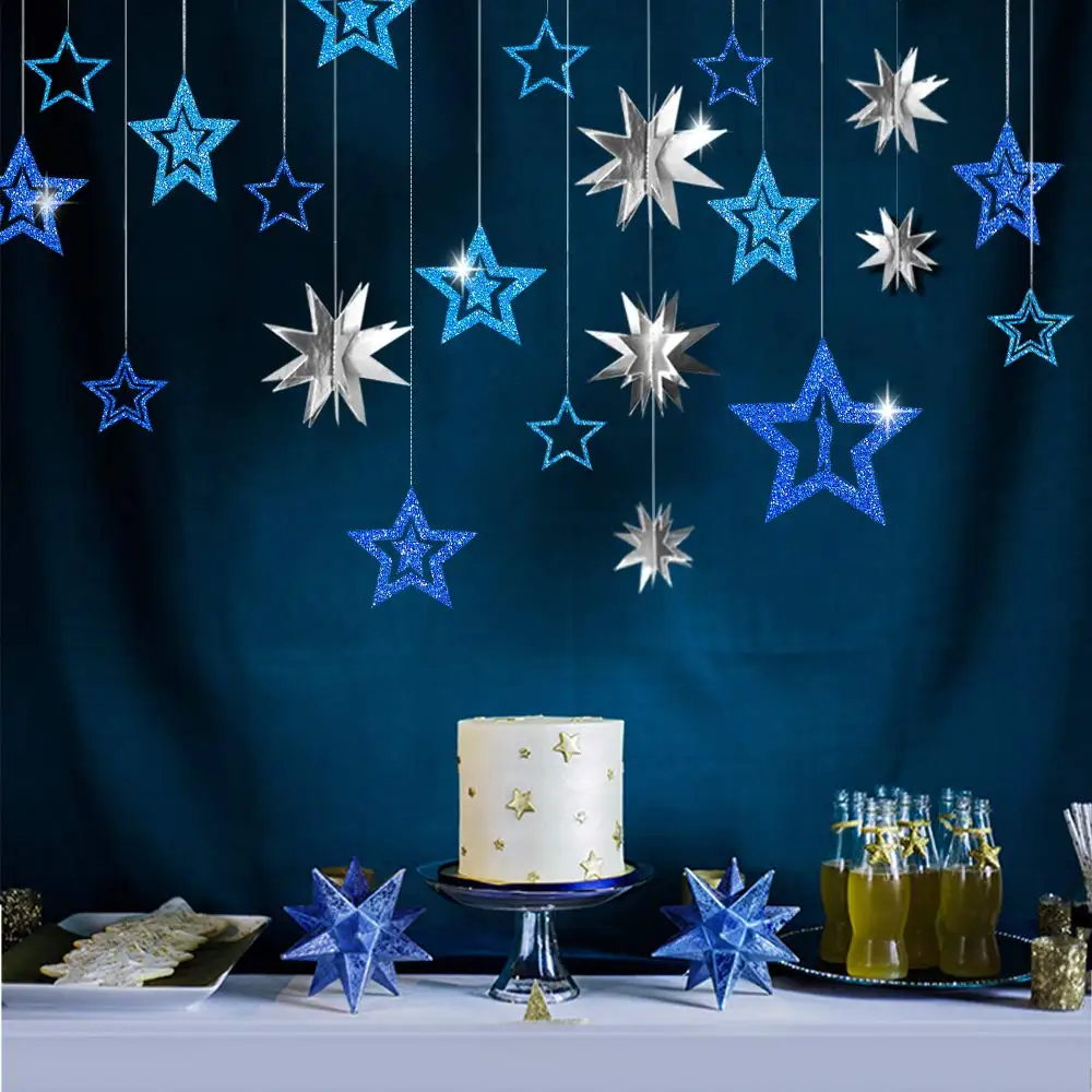 

METABLE 20pcs Blue and Silver Star Party Decor Kit Combo Metallic glitter 3D Garland Twinkle Little Star Cutouts Party Hanging