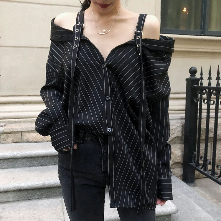 

LANMREM 2019 New Fashion Personality Black Strap Vertical Stripe Off-shoulder Long Sleeve Shirt Female's Blouse Vestido YE22801