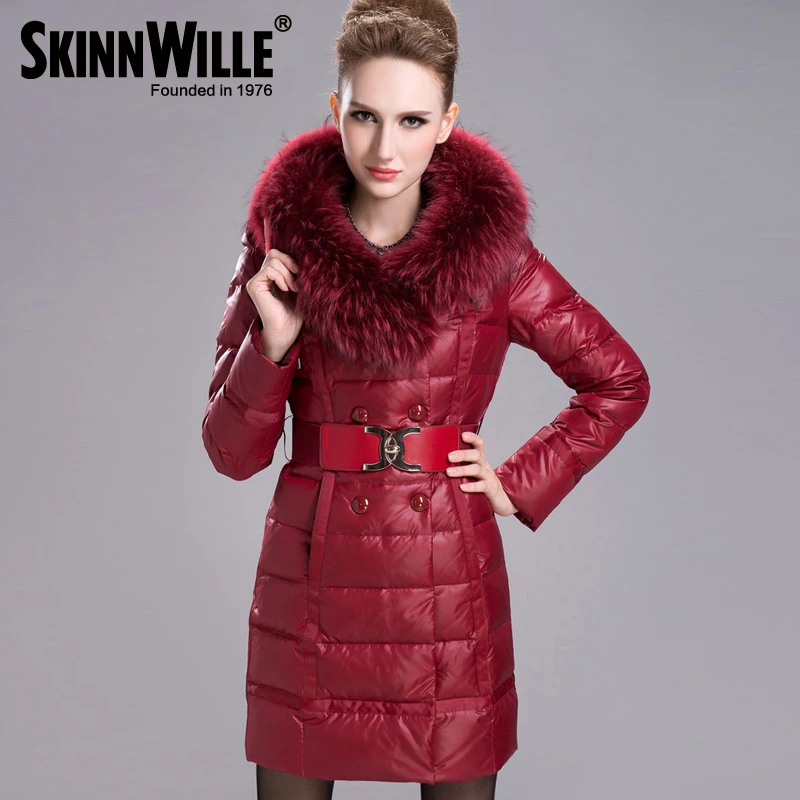 SKINNWILLE теплый пуховик новая зимняя коллекция средняя длина натуральный мех классическое пальто удобный капюшон - Цвет: 28 claretred