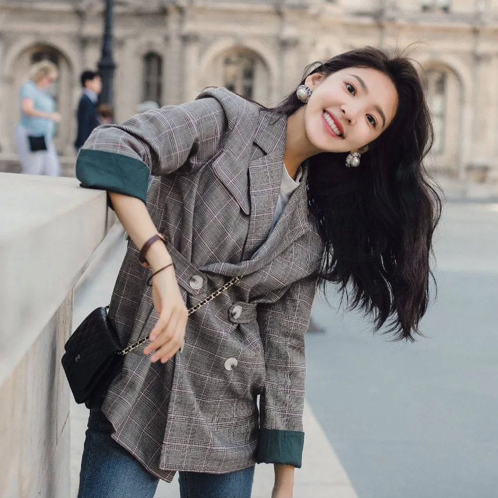 Real Shot Chic Chic Waist Plaid Small Suit Jacket Female Korean 2018 British Style New Casual Women's Double Breasted Blazers Real Shot Chic Chic Waist Plaid Small Suit Jacket Female Korean 2018 British Style New Casual Women's Double Breasted Blazers