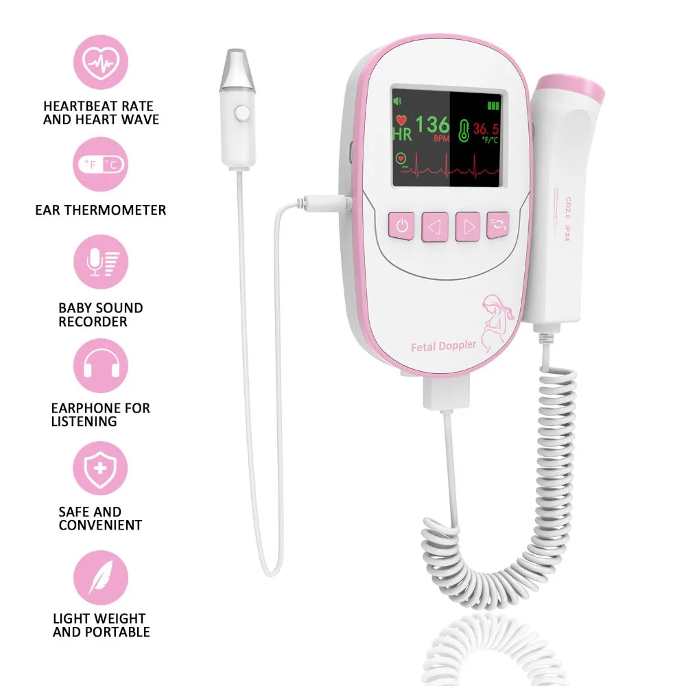 

Fetal Doppler With Ear Thermometer, Premium Professional 2MHZ Detector, Portable Pregnancy Angel Sounds Heartbeat Monitor-Pink