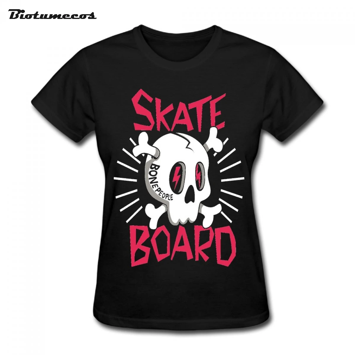 Women T Shirts Short Sleeve Skate Board Bone People Lightning In Skull