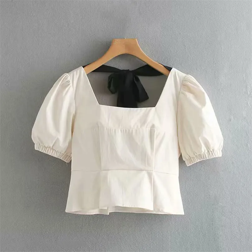 

Women sexy solid crop tops back zipper bow tie decorate short style shirts puff sleeve blouse female chic tops blusas