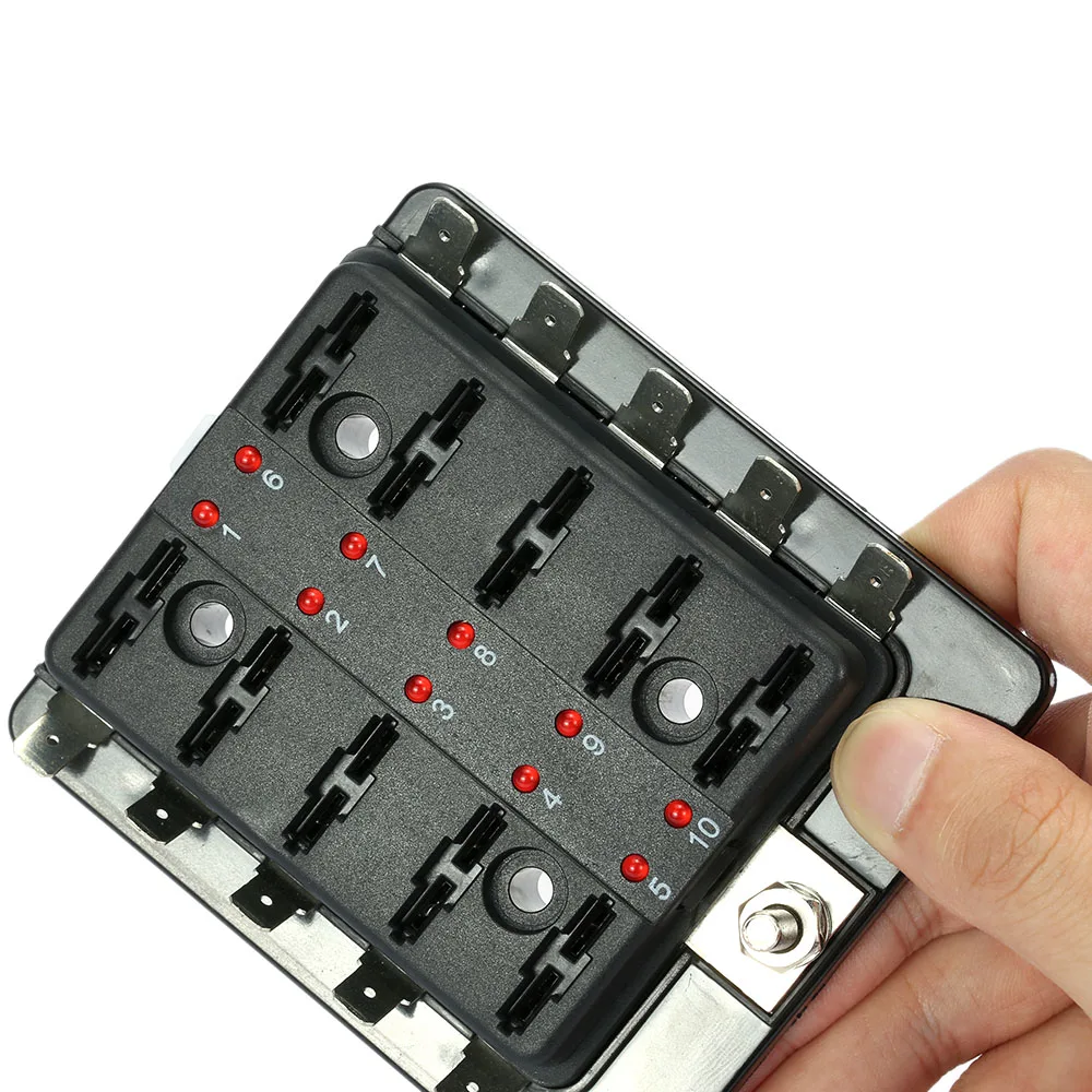 Car Fuse Box 10 Way Blade Fuse Box Holder with LED Warning Light Kit for Car