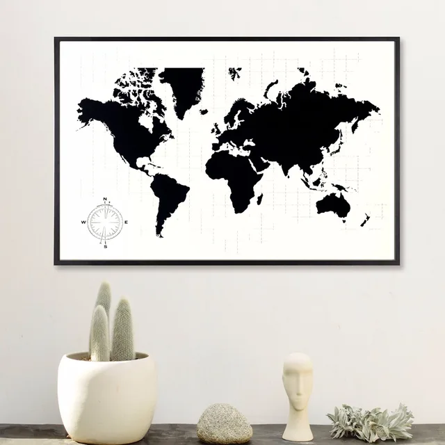 zwart wit wereldkaart vintage canvaskunst schilderij poster muur