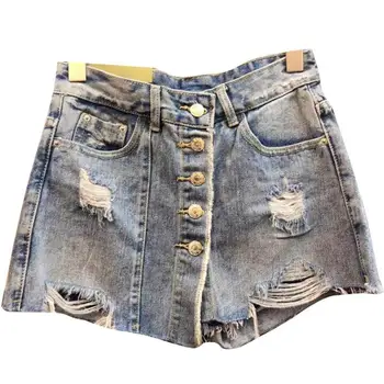 

Women Single Breasted Women Mini Denim Skirts Hole A-Line Skirts