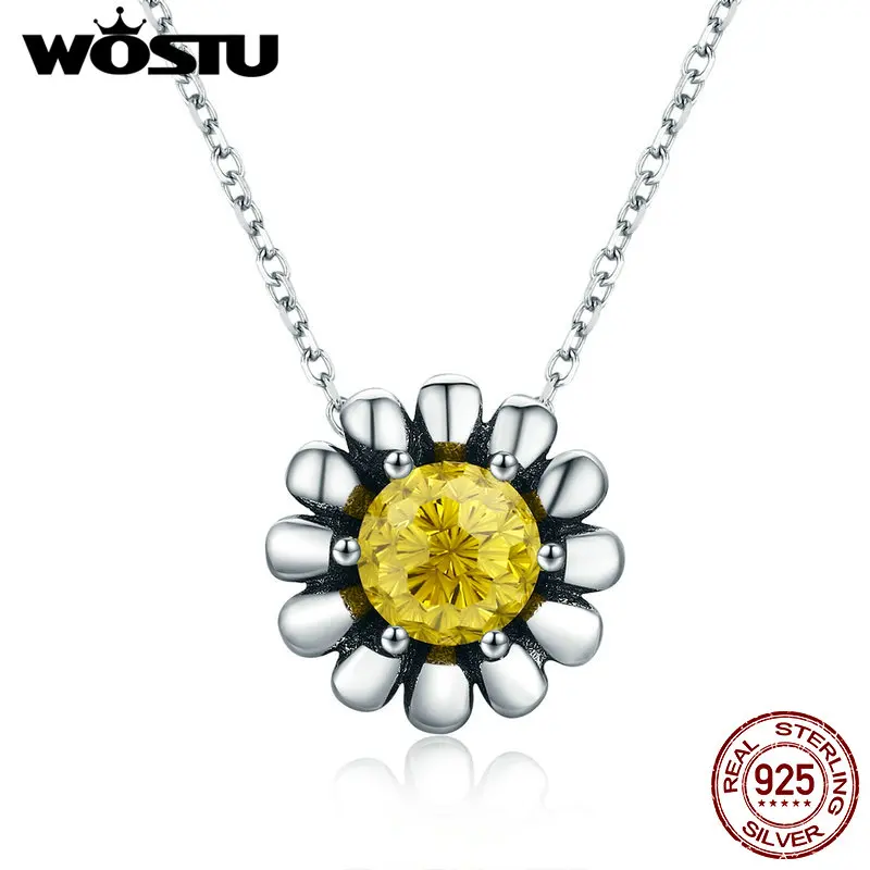 

WOSTU Authentic 925 Sterling Silver Blooming Daisy Flower Yellow CZ Pendant Necklace for Women Luxury Silver Jewelry CQN184
