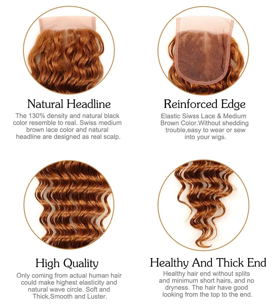Pinshair Deep Wave 3 Bundles With Closure Blonde 30 Peruvian Human Hair Bundle With Middle Part Closure 10-26 Inch Non Remy Hair (36)