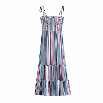 KIYUMI женское хлопковое эластичное летнее платье с открытыми плечами и бретельками, сексуальное элегантное пляжное длинное платье в полоску, Новинка - Цвет: Многоцветный