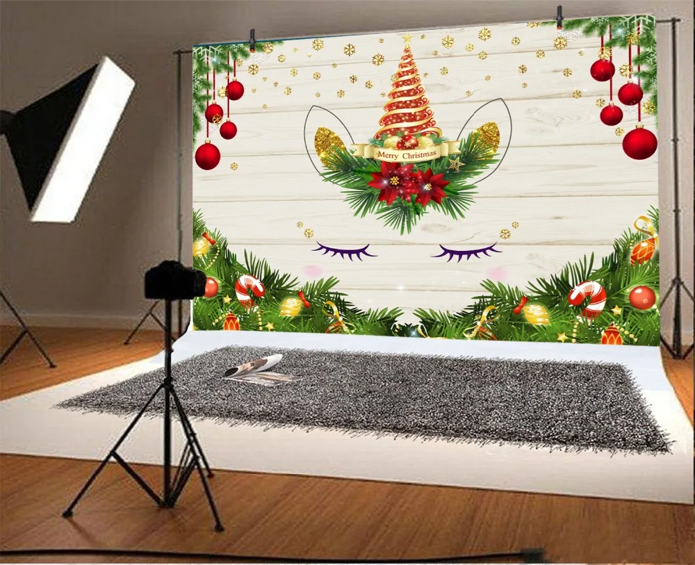 Laeacco Christmas Balls Fir Wooden Boards Unicorn Party Photography Backgrounds Custom Photographic Backdrops For Photo Studio