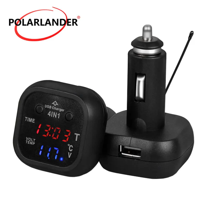 

12V 24V LED Digital Auto 4 in 1 phone Thermometer Voltage detector watch 2.1A Dual USB Charger adapter